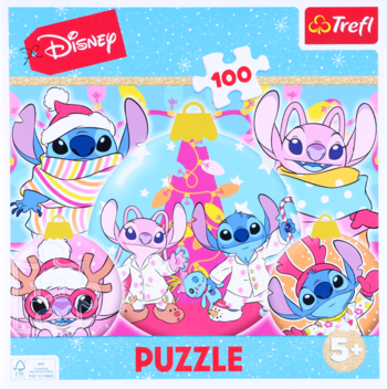 Puzzle Trefl Disney Stitch i Angel w świątecznych strojach. 100 elementów, dla dzieci 5+. Widok z przodu.