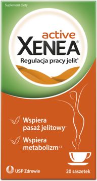 Xenea Active suplement diety, zielono-pomarańczowe opakowanie z napisem "Regulacja pracy jelit", widok z przodu, 20 saszetek.