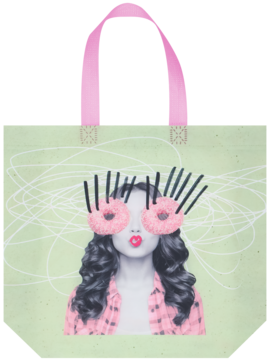 ELOY TORBA PP SWEETS, zielona torba z grafiką kobiety w różowych okularach pączkach na jasnym tle. Widok z przodu.