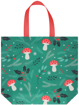 ELOY Torba PP BN1, zielona z czerwonym uchwytem, wzór zimowych muchomorów, ostrokrzewu i igliwia, widok z przodu.