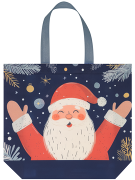 Granatowa torba prezentowa z uśmiechniętym Świętym Mikołajem na tle choinkowych gałązek i białych śnieżynek.