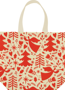 ELOY TORBA PP BN3 1225, beżowa z czerwonym świątecznym wzorem: anioły, choinki i serca, widok z przodu.