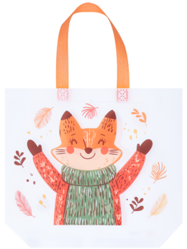 ELOY TORBA PP BN4 1225, biała, z radosną ilustracją liska w zielonym swetrze i jesiennymi liśćmi, widok z przodu.