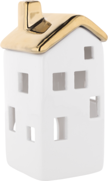 Biały ceramiczny domek dekoracyjny z połyskującym złotym dachem i wyciętymi oknami, widok z przodu.