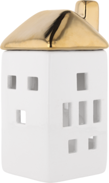 Biały, ceramiczny lampion w kształcie domku z lśniącym, złotym dachem i kwadratowymi okienkami, widok z boku.