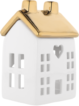 Biała ceramiczna latarenka domek ze złotym dachem, wyciętymi okienkami i sercem. Widok pod kątem.