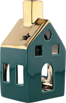 Zielony świecznik ceramiczny w kształcie domu ze złotym dachem i kominem, widok z przodu pod kątem.