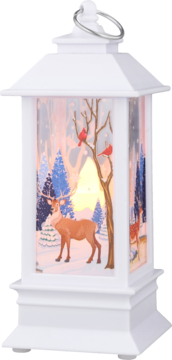 Biała dekoracyjna latarnia z podświetlaną zimową sceną: jeleń, czerwone kardynały, ośnieżone drzewa. Widok z przodu.
