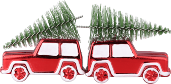 Dwa czerwone, błyszczące świąteczne samochodziki-ozdoby z choinkami na dachu, widok z przodu.