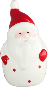 Biała, ceramiczna figurka Świętego Mikołaja z czerwoną czapką, rękawicami i kropkami, uśmiechnięty, widok z przodu.