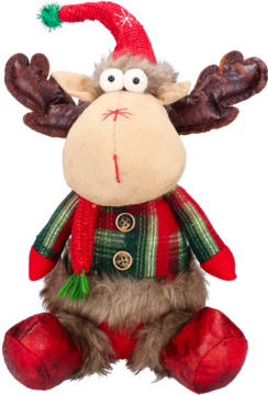 Uroczy pluszowy łoś świąteczny w czerwonej czapce, szaliku i zielono-czerwonej kraciastej koszuli, widok z przodu.