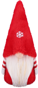 Czerwony świąteczny gnom z futrzaną czapką i śnieżynką, białą brodą ze złotymi nitkami, widok z przodu.