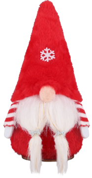 Pluszowy gnom świąteczny: czerwona czapka z białą śnieżynką, długie białe warkocze z kokardami, widok z przodu.