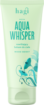 Hagi Aqua Whisper nawilżający balsam do ciała w jasnozielonej tubie, z tealowym napisem i kwiatowym wzorem, widok z przodu.