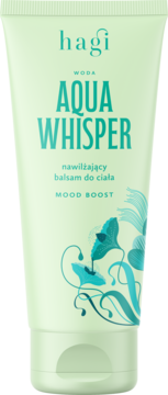 Hagi Aqua Whisper nawilżający balsam do ciała w jasnozielonej tubie, z tealowym napisem i kwiatowym wzorem, widok z przodu.