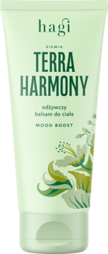 Hagi Terra Harmony odżywczy balsam do ciała w jasnej zielonej tubce z ciemnozielonym tekstem i kwiatowym wzorem, widok z przodu.