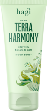 Hagi Terra Harmony odżywczy balsam do ciała w jasnej zielonej tubce z ciemnozielonym tekstem i kwiatowym wzorem, widok z przodu.