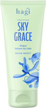 Hagi Sky Grace kojący balsam do ciała w jasnozielonej tubce, zapach melona i gruszki, widok z przodu.