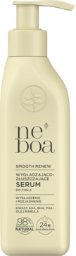 Ne'boa Smooth Renew wygładzająco-złuszczające serum do ciała w beżowej butelce z pompką, widok z przodu.