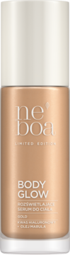 Ne boa BODY GLOW Gold serum rozświetlające do ciała z kwasem hialuronowym i olejem marula, złota butelka, widok przód.