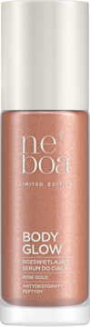 Neboa Body Glow rozświetlające serum do ciała Rose Gold, butelka z peptydami i antyoksydantami, widok z przodu.