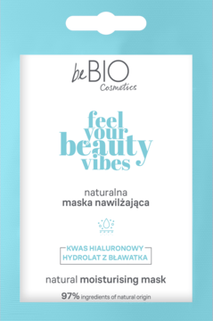 Biała saszetka beBIO Cosmetics Feel Your Beauty Vibes, naturalna maska nawilżająca z kwasem hialuronowym. Widok z przodu.