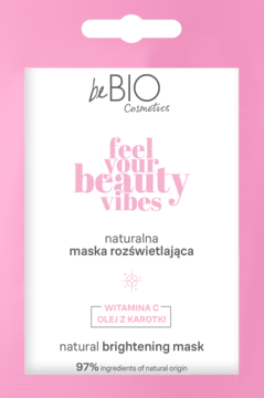Różowo-biała saszetka beBIO Cosmetics, naturalna maska rozświetlająca z witaminą C i olejem z karotki, widok z przodu.