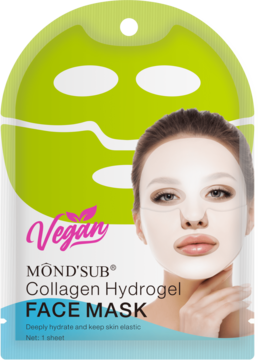 Wegańska maska MÔND'SUB Collagen Hydrogel Face Mask, nawilżająca, w zielono-białym opakowaniu z kobietą. Widok z przodu.