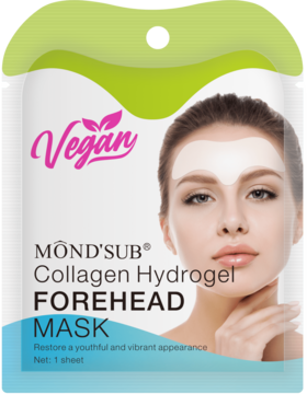 MÔND'SUB Vegan Collagen Hydrogel Forehead Mask, biała saszetka z zielonym akcentem i twarzą kobiety, przód.