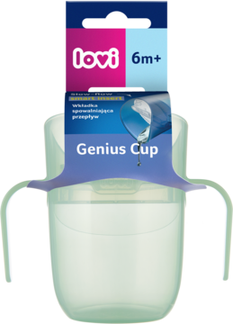 Pistacjowy kubek treningowy Lovi Genius 150ml (6m+), z etykietą podkreślającą regulację przepływu płynu.