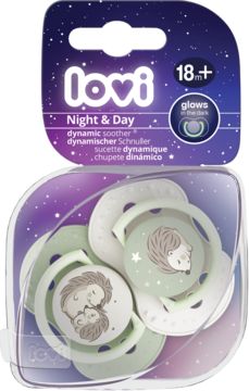Dwa smoczki dynamiczne Lovi Night&Day 18m+ z motywem jeża, w opakowaniu świecącym w ciemności.