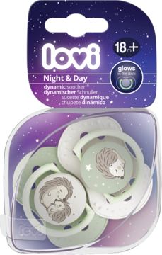 Dwa smoczki dynamiczne Lovi Night&Day 18m+ z motywem jeża, w opakowaniu świecącym w ciemności.
