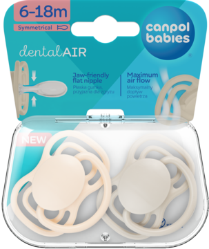 Canpol babies dentalAIR smoczki silikonowe 6-18m, dwa beżowe w etui, widok z przodu.