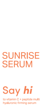 Biała etykieta ujędrniająco-rozjaśniającego serum Sunrise z pomarańczowym napisem, witaminą C i peptydami.