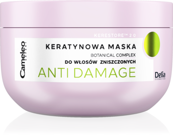 Maska Cameleo Expert Anti-Damage do włosów zniszczonych, różowe opakowanie z zielono-białą etykietą, widok z przodu.