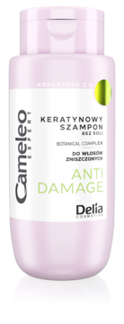 Cameleo Expert Keratynowy Szampon Anti-Damage w różowej butelce, biała etykieta z zielonymi akcentami, widok z przodu.