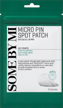 Zielona saszetka SOME BY MI Micro Pin Spot Patch z mikrowypustkami i składnikami łagodzącymi, widok z przodu.