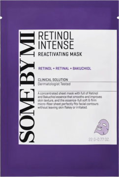 Fioletowa maska w płachcie Some By Mi Retinol Intense Reactivating Mask, front, z retinolem i bakuchiolem.