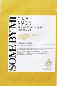 Żółta maska Some By Mi Yuja Niacin 30 Days Blemish Care, z yuzu i niacynamidem, widok z przodu opakowania.