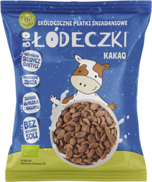 Niebieskie opakowanie Helpa Bio Łódeczki Kakao, ekologiczne płatki śniadaniowe z daktylami, widok z przodu.