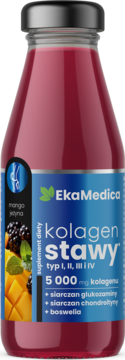 EkaMedica Kolagen Stawy, płynny suplement na stawy z kolagenem i mango, widok z przodu.