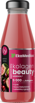 EkaMedica Kolagen Beauty, suplement diety z kolagenem VERISOL, guawą i wiśnią, w szklanej butelce, widok z przodu.