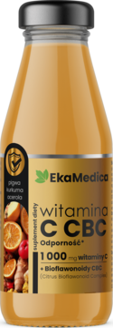 EkaMedica Witamina C CBC, pomarańczowy suplement w szklanej butelce, widok z przodu. Zawiera 1000mg wit. C, bioflawonoidy.