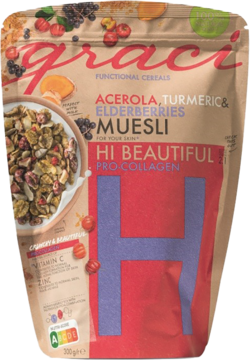 GRACI Hi Beautiful Pro-Collagen ,pełnoziarniste musli pszenne z acerolą, pestkami słonecznika, preparowanym orkiszem i liofilizowanymi truskawkami,przód
