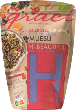 Graci Pełnoziarniste musli Hi Beautiful Pro Collagen, z acerolą i kurkumą, w brązowej torebce, widok z przodu.