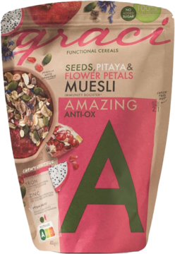 Graci Muesli Seeds Pitaya Flower Petals Amazing Anti-Ox w brązowej torebce z różowo-zieloną grafiką, widok z przodu.