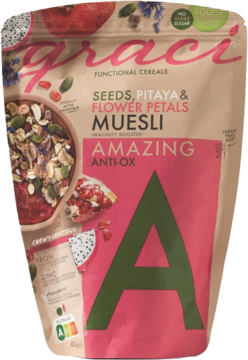 Graci Muesli Seeds Pitaya Flower Petals Amazing Anti-Ox w brązowej torebce z różowo-zieloną grafiką, widok z przodu.