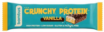 Baton Bombus Crunchy Protein Vanilla. Turkusowe opakowanie, na nim przekrój chrupiącego batona w czekoladzie.