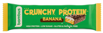 BOMBUS Crunchy Protein ,baton proteinowy z mleczną czekoladą i chrupkami, smak Bananowy,przód
