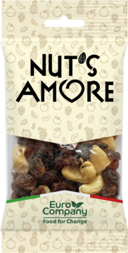 NUT'S AMORE ,mieszanka suszonych owoców i orzechów, Rodzynki sułtańskie, Orzechy nerkowca, Orzechy laskowe, Orzechy brazylijskie,przód